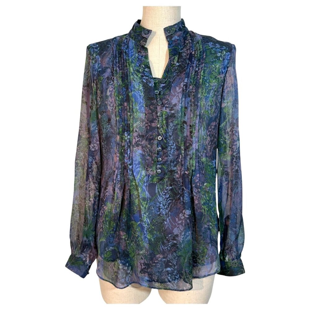 Coldwater Creek Womens Blouse Sheer Floral Button Front Pleated Size XS Purple
